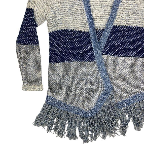 Lucky Brand Cardigan Women L Blue White Fringe Boho Tunic Fuzzy Cottage Sweater - Picture 4 of 16